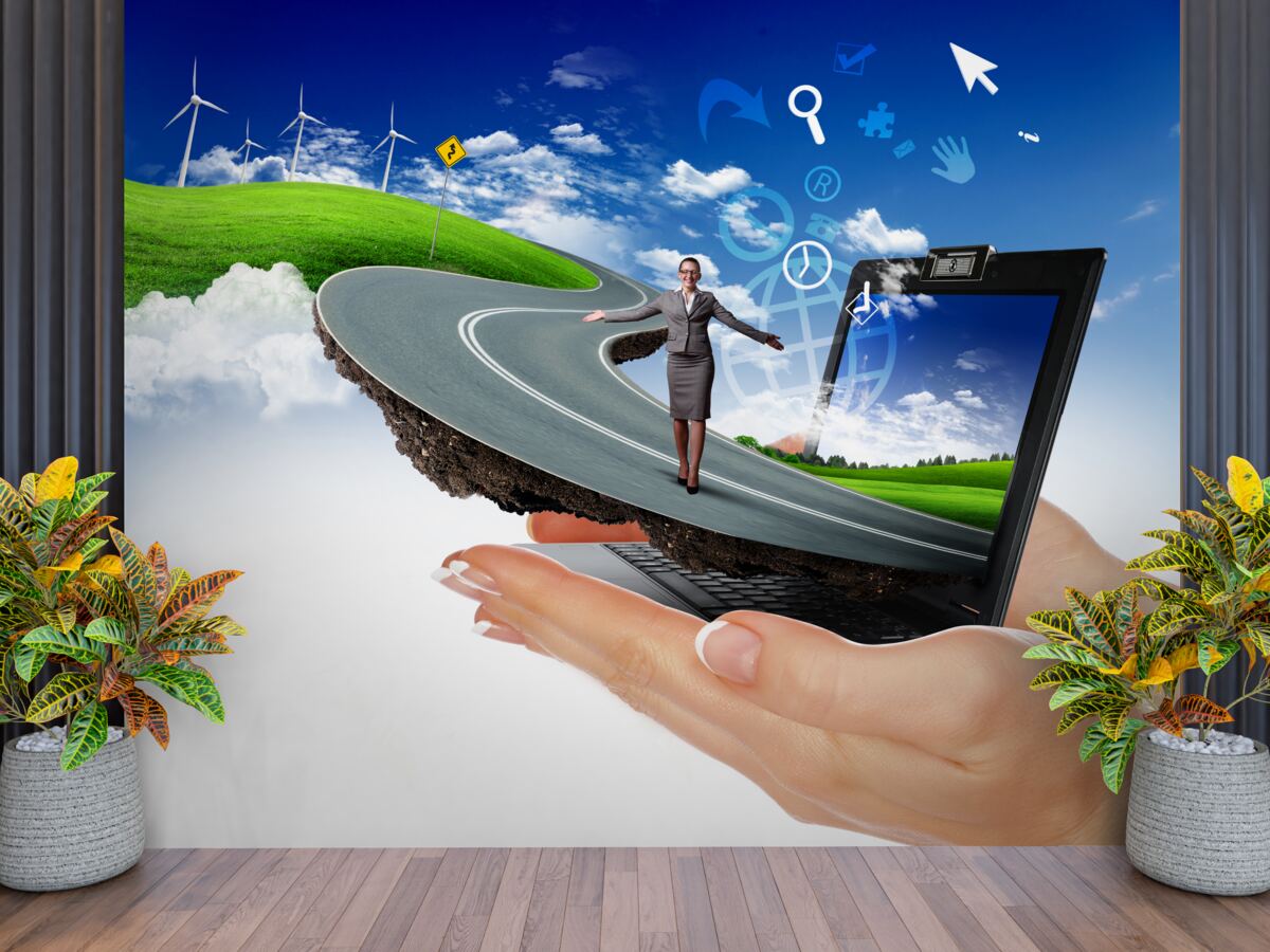 Fotobehang in de lucht is een dure abstractie met een wandelend meisje