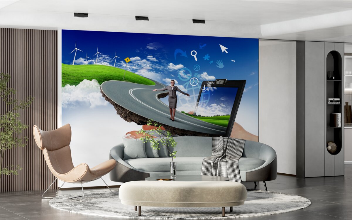 Fotobehang in de lucht is een dure abstractie met een wandelend meisje