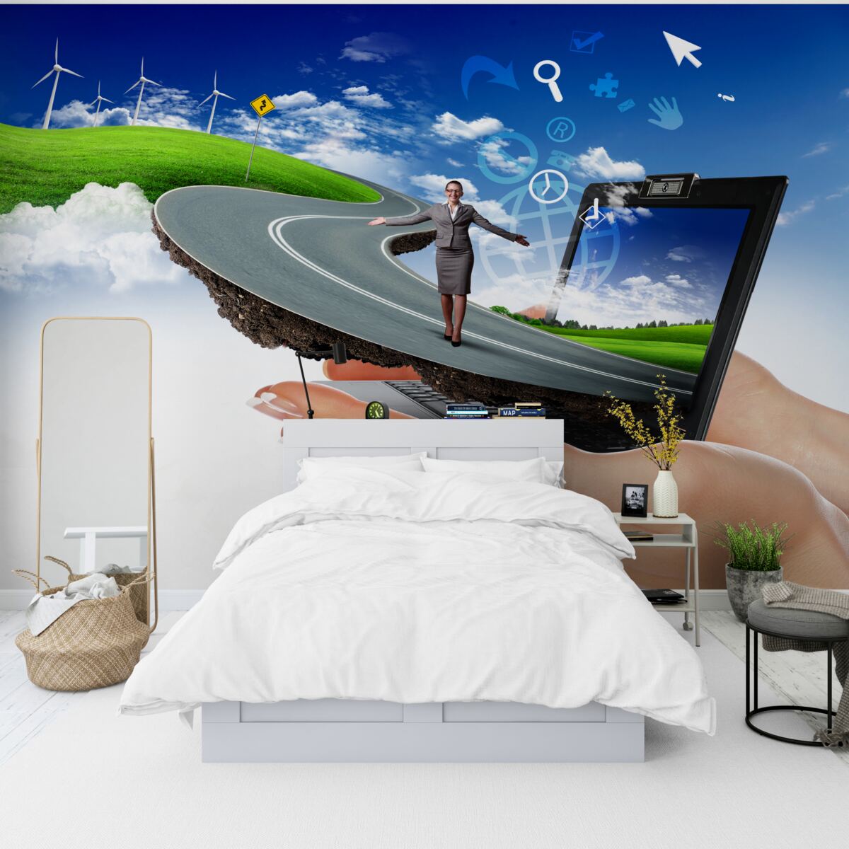 Fotobehang in de lucht is een dure abstractie met een wandelend meisje