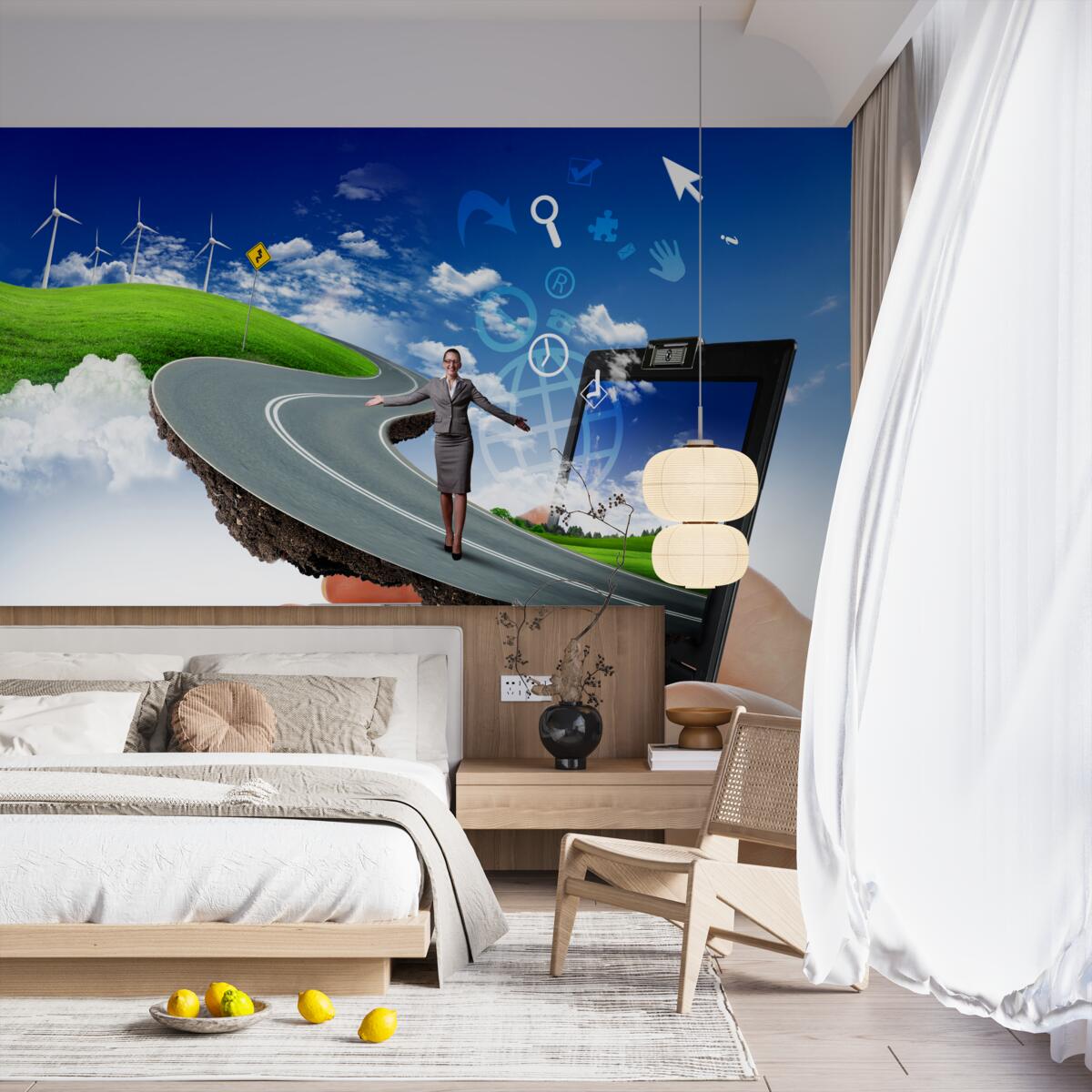 Fotobehang in de lucht is een dure abstractie met een wandelend meisje