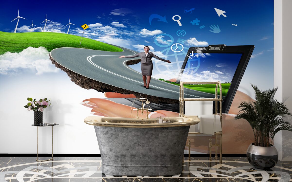 Fotobehang in de lucht is een dure abstractie met een wandelend meisje