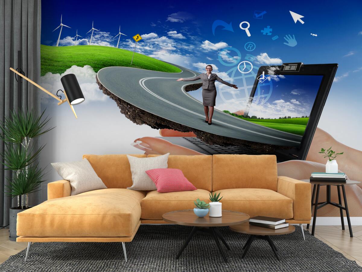 Fotobehang in de lucht is een dure abstractie met een wandelend meisje