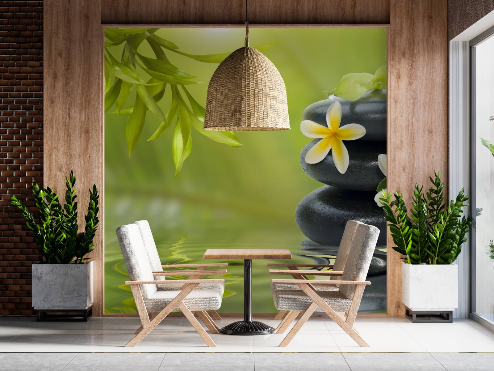 Fotobehang Gele bloemen op een donkere steen naast het water