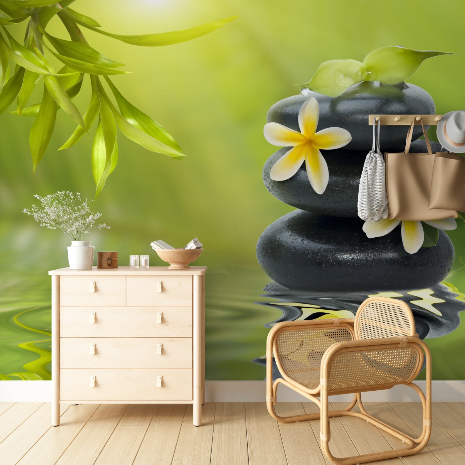 Fotobehang Gele bloemen op een donkere steen naast het water