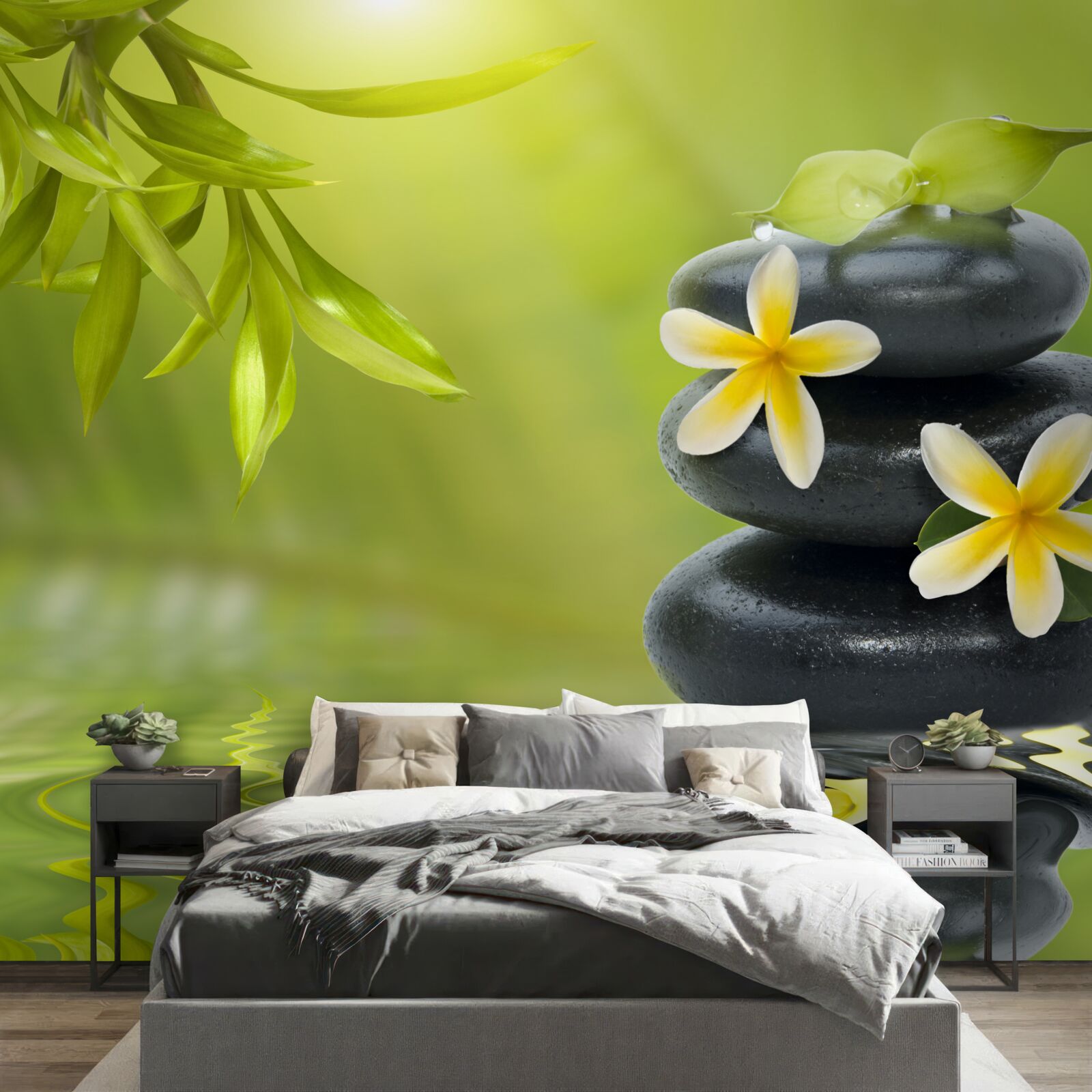 Fotobehang Gele bloemen op een donkere steen naast het water