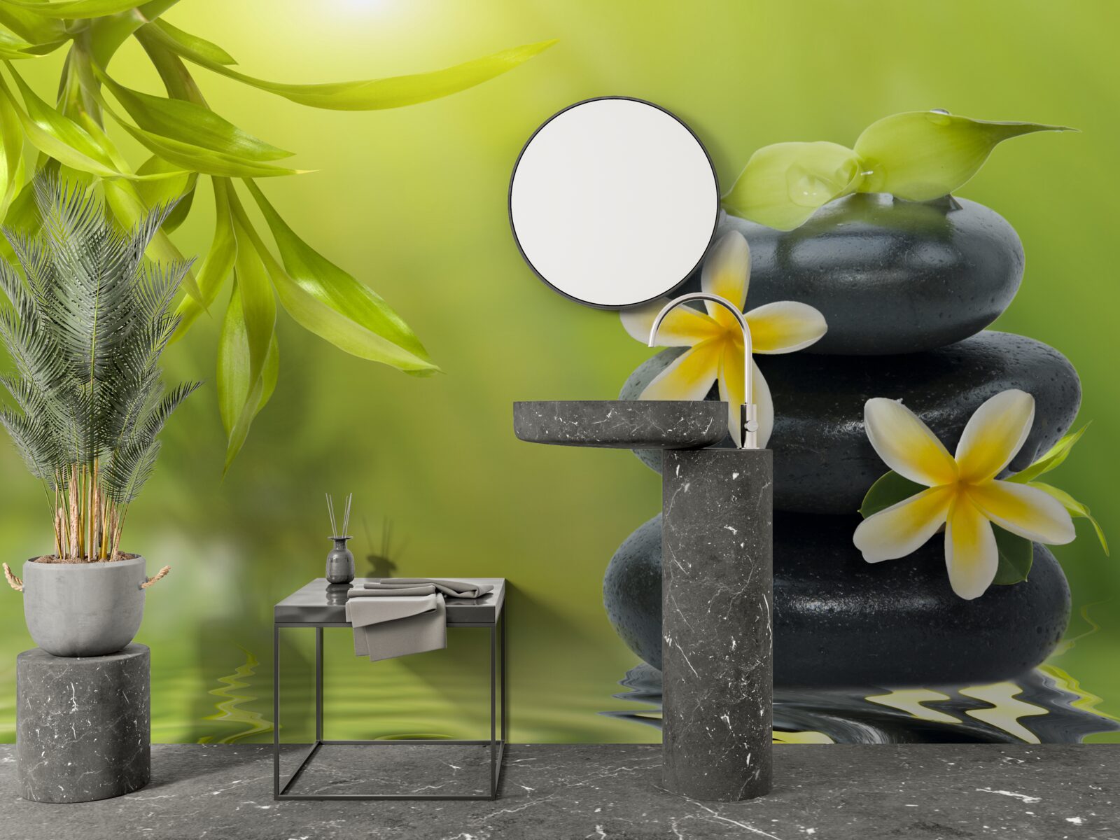 Fotobehang Gele bloemen op een donkere steen naast het water