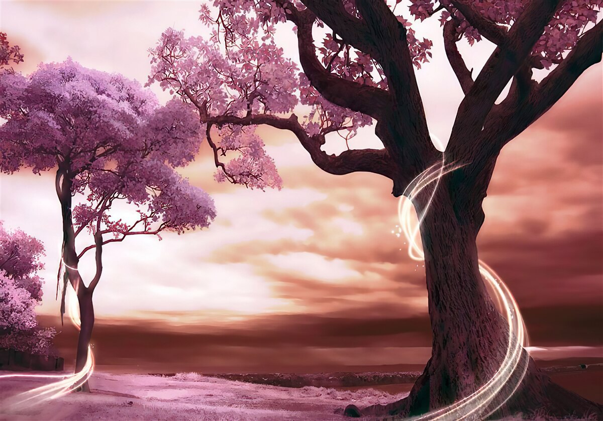 Fotobehang veerkrachtige bomen in de woestijn, vol leven en schoonheid