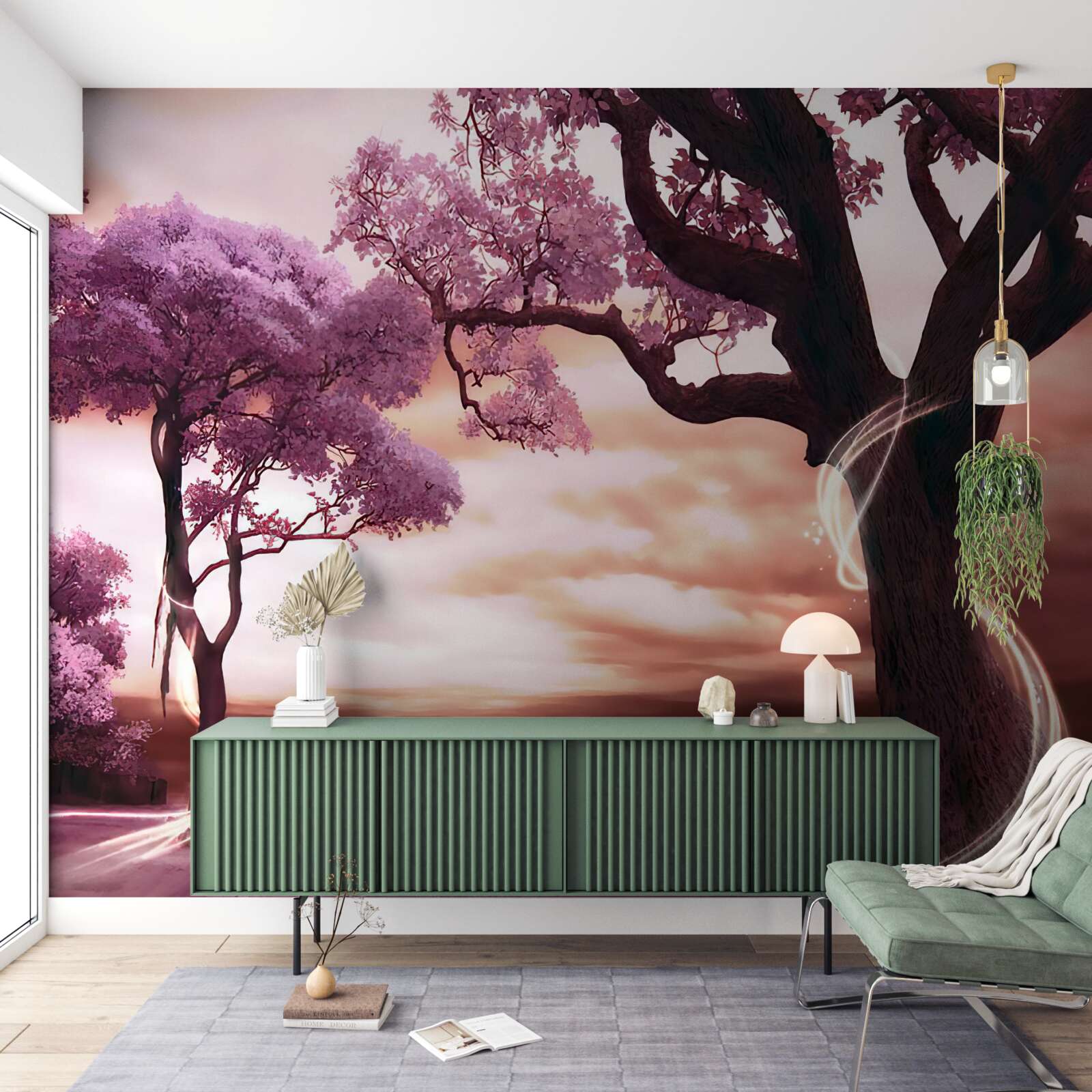 Fotobehang veerkrachtige bomen in de woestijn, vol leven en schoonheid