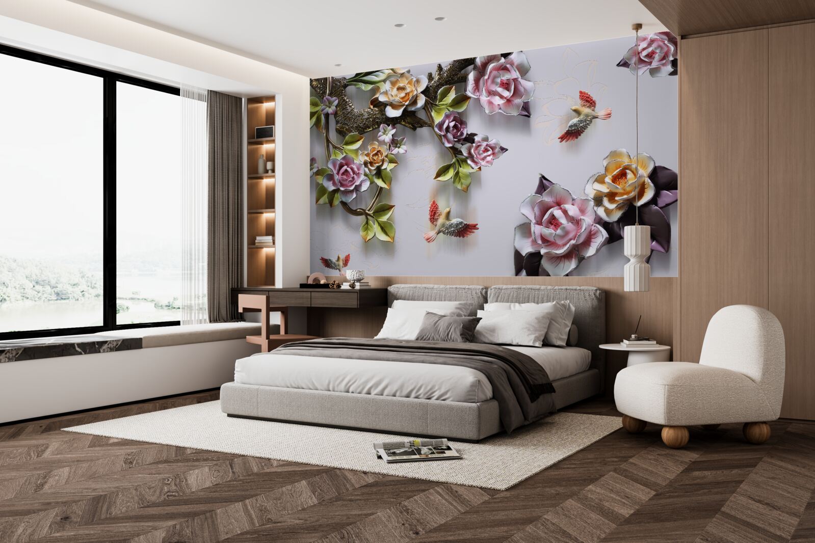 Fotobehang vogels houden van de nectar van bloeiende planten