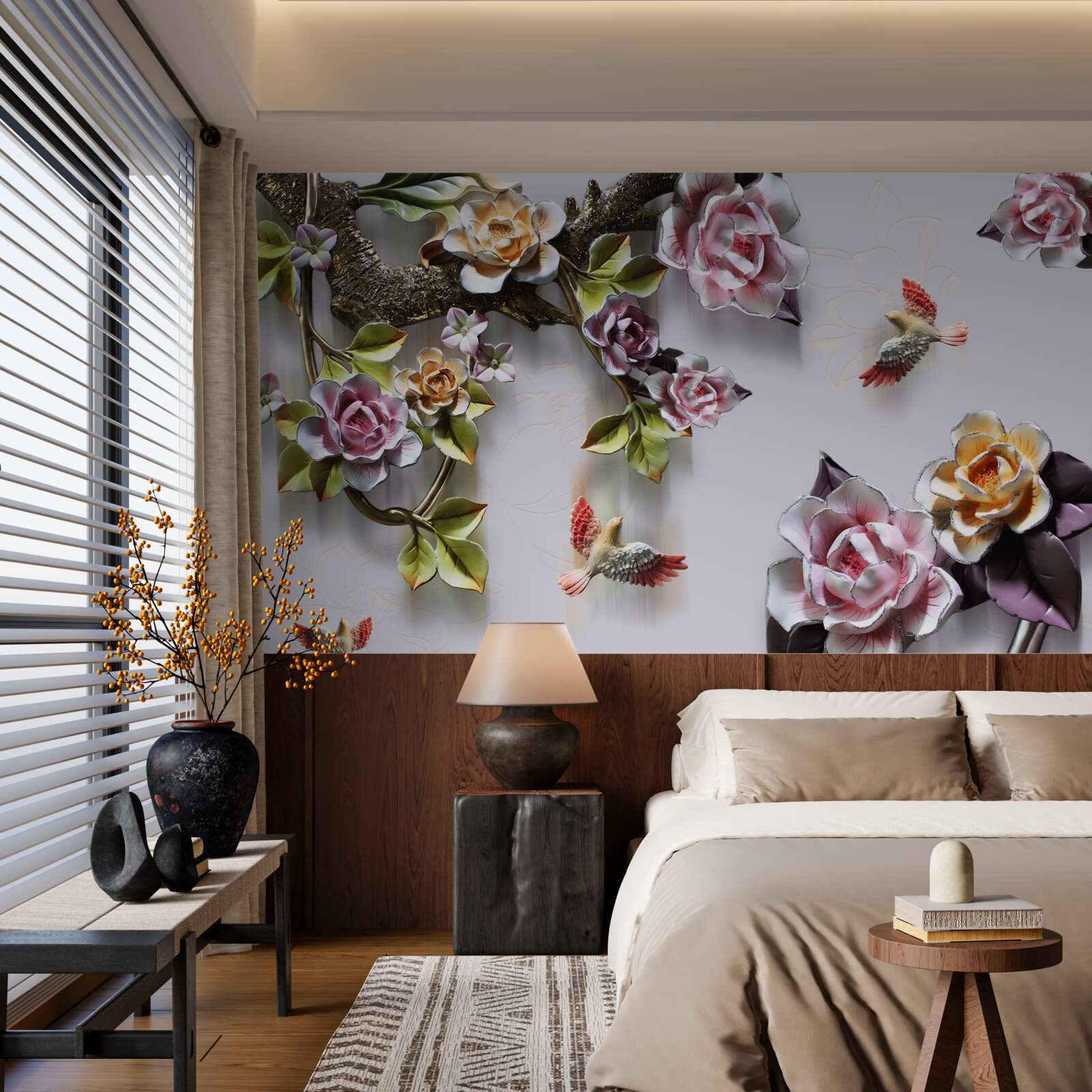 Fotobehang vogels houden van de nectar van bloeiende planten