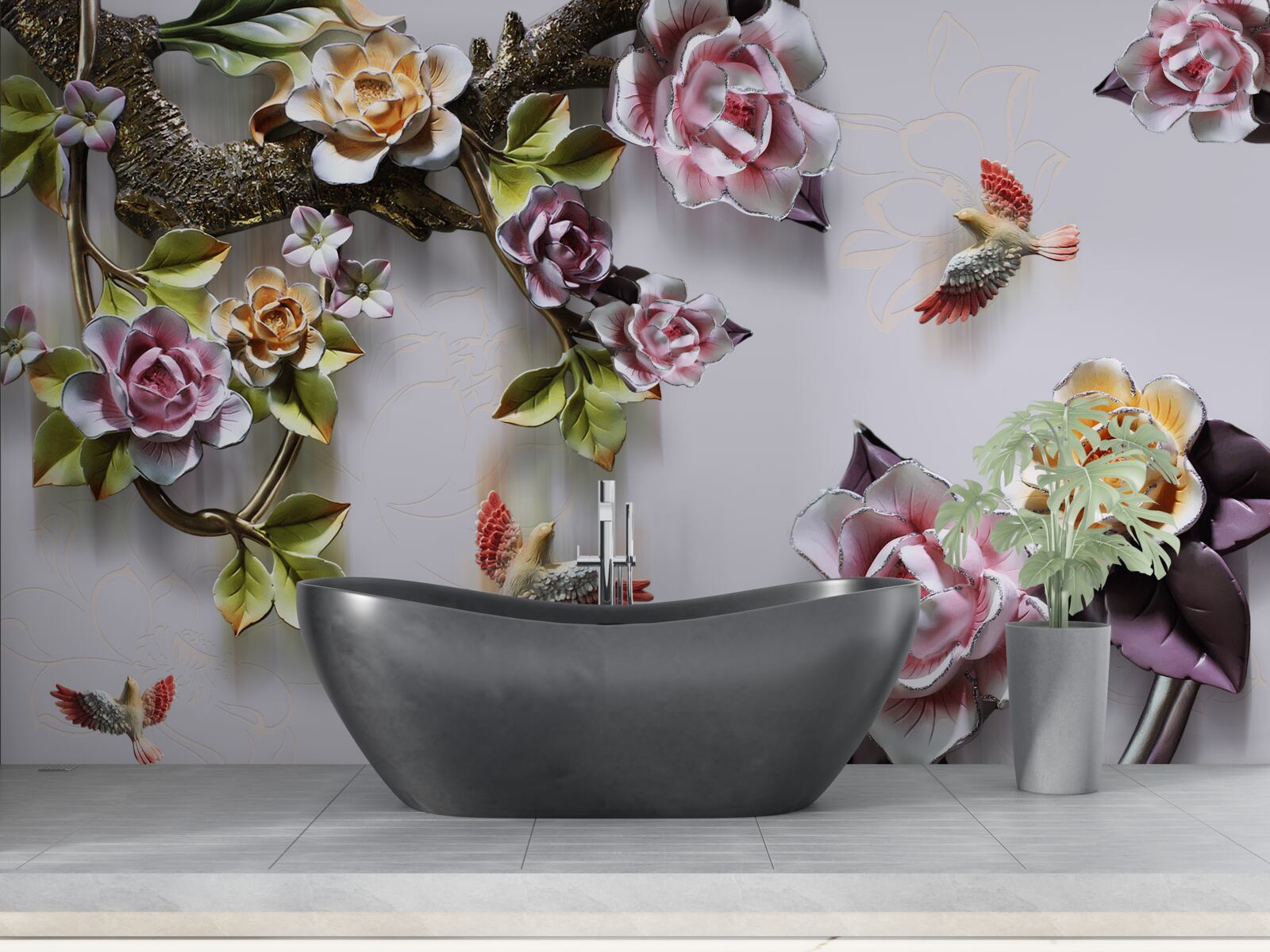 Fotobehang vogels houden van de nectar van bloeiende planten