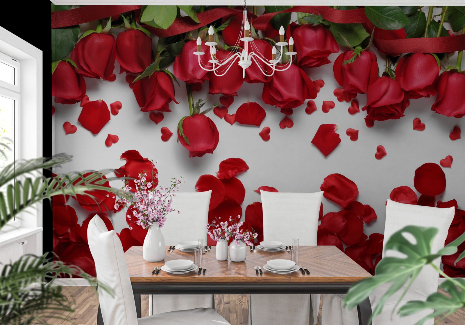 Fotobehang bloemblaadjes vallen van rode en scharlakenrode rozen