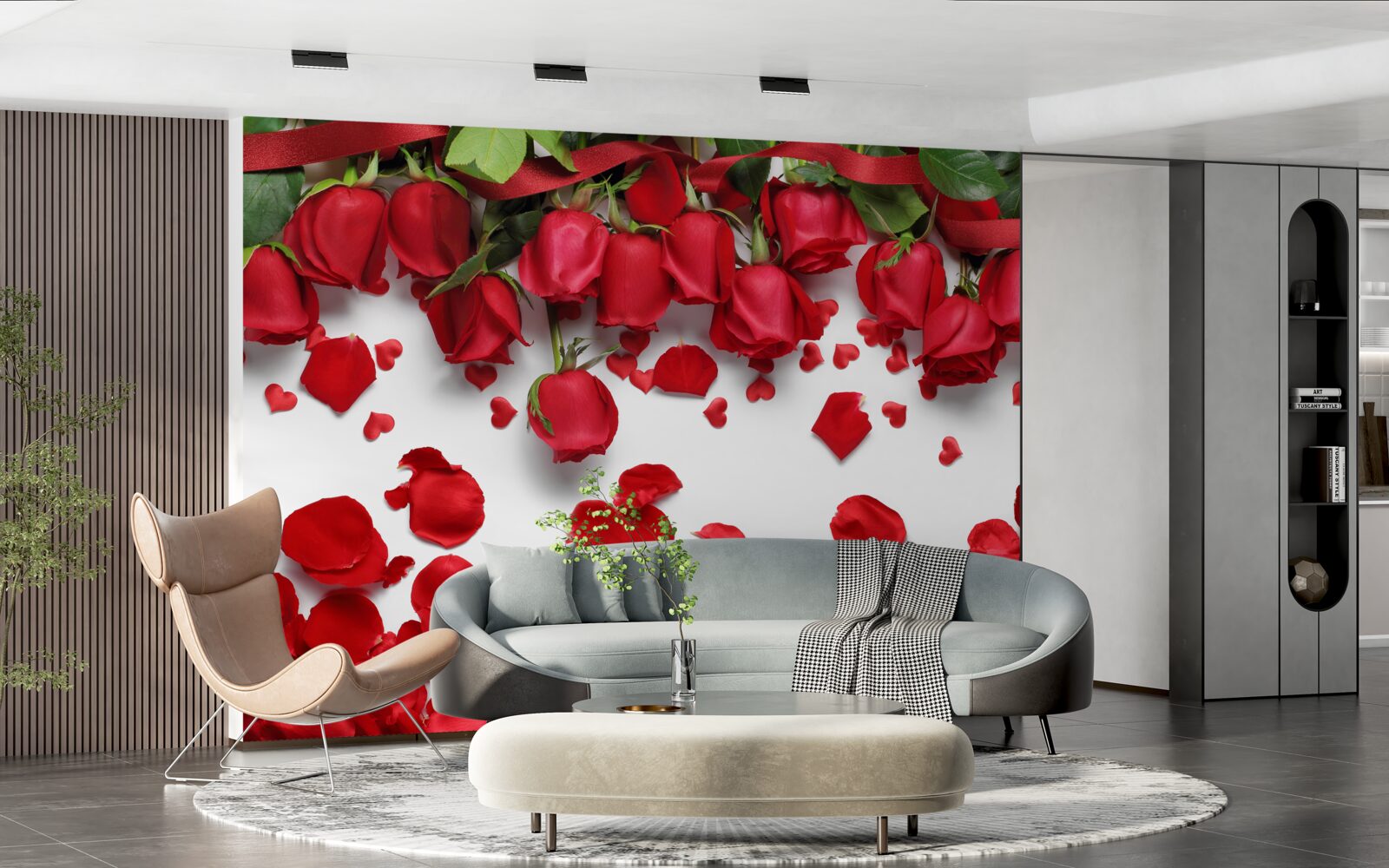 Fotobehang bloemblaadjes vallen van rode en scharlakenrode rozen