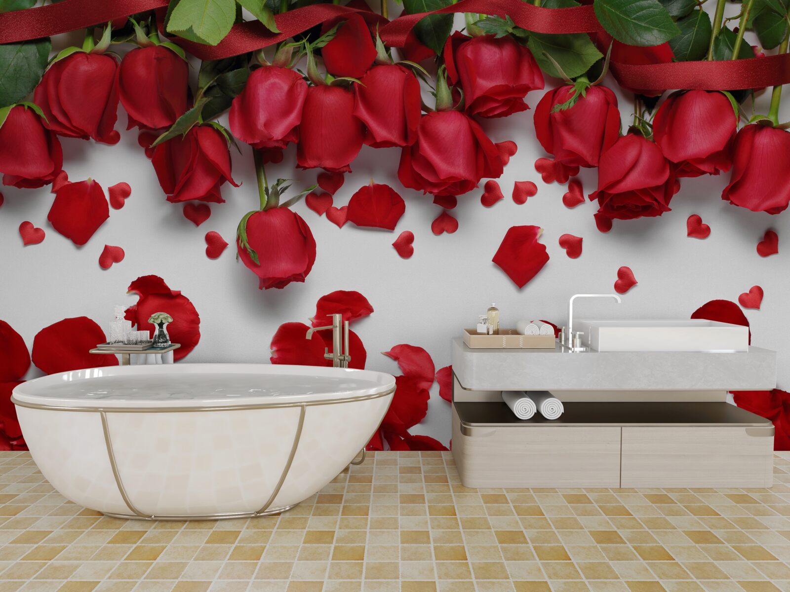 Fotobehang bloemblaadjes vallen van rode en scharlakenrode rozen