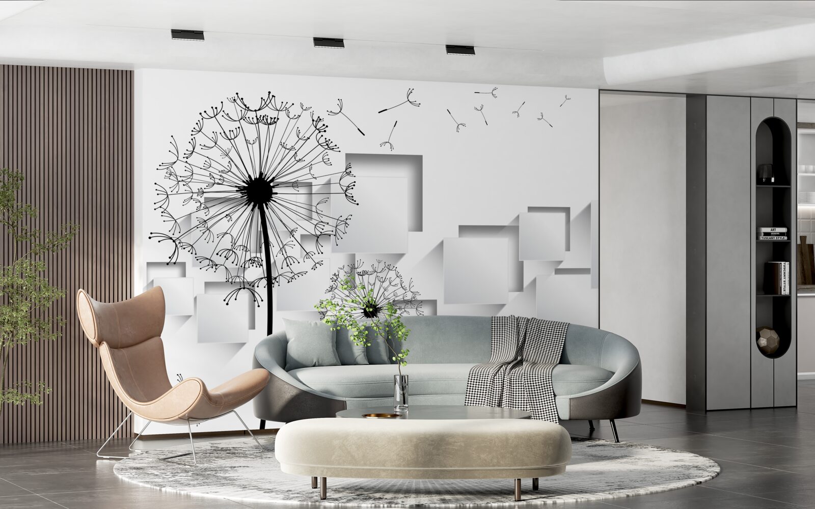 Fotobehang de kubussen op de achtergrond worden aangevuld door melkgras