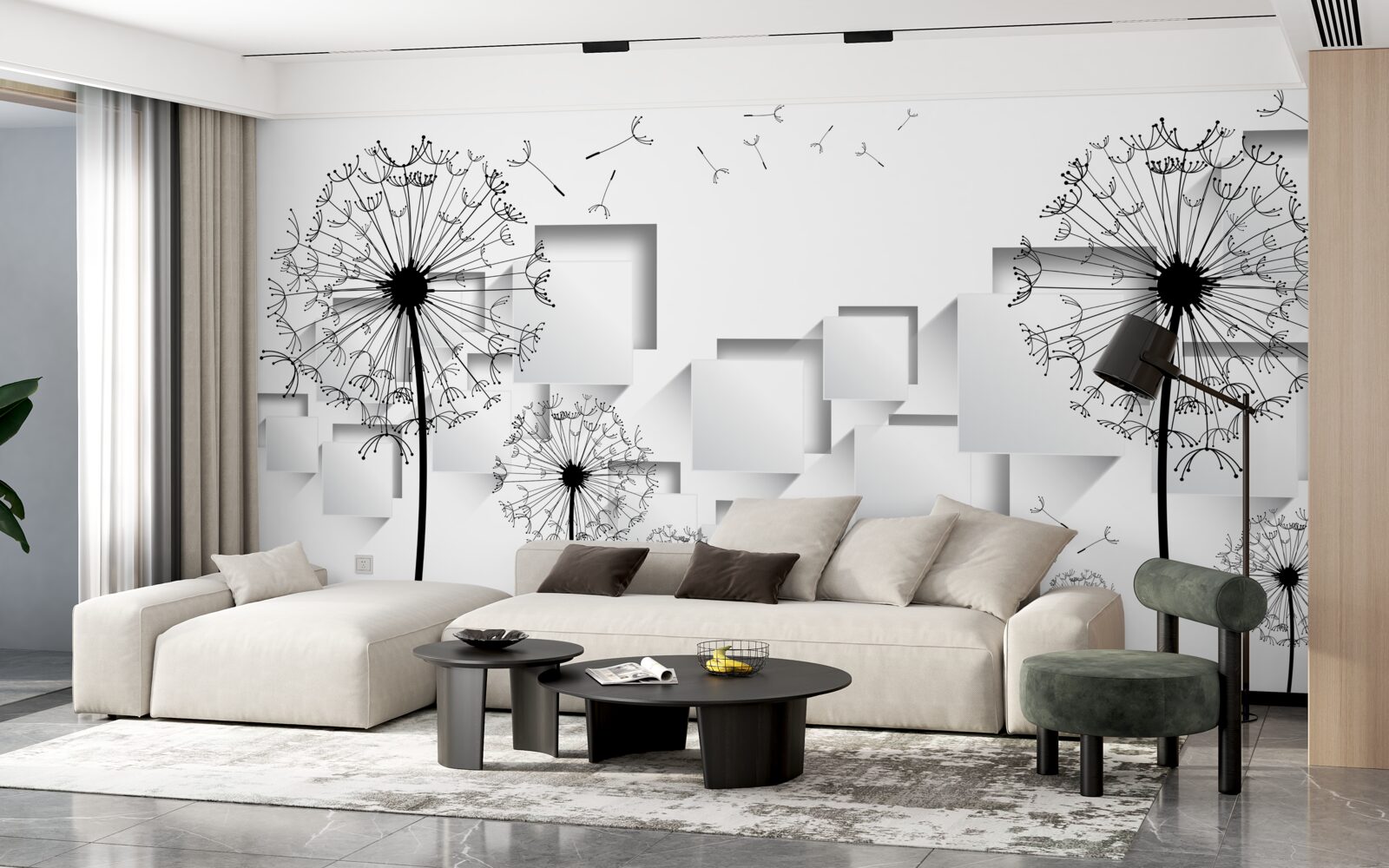 Fotobehang de kubussen op de achtergrond worden aangevuld door melkgras