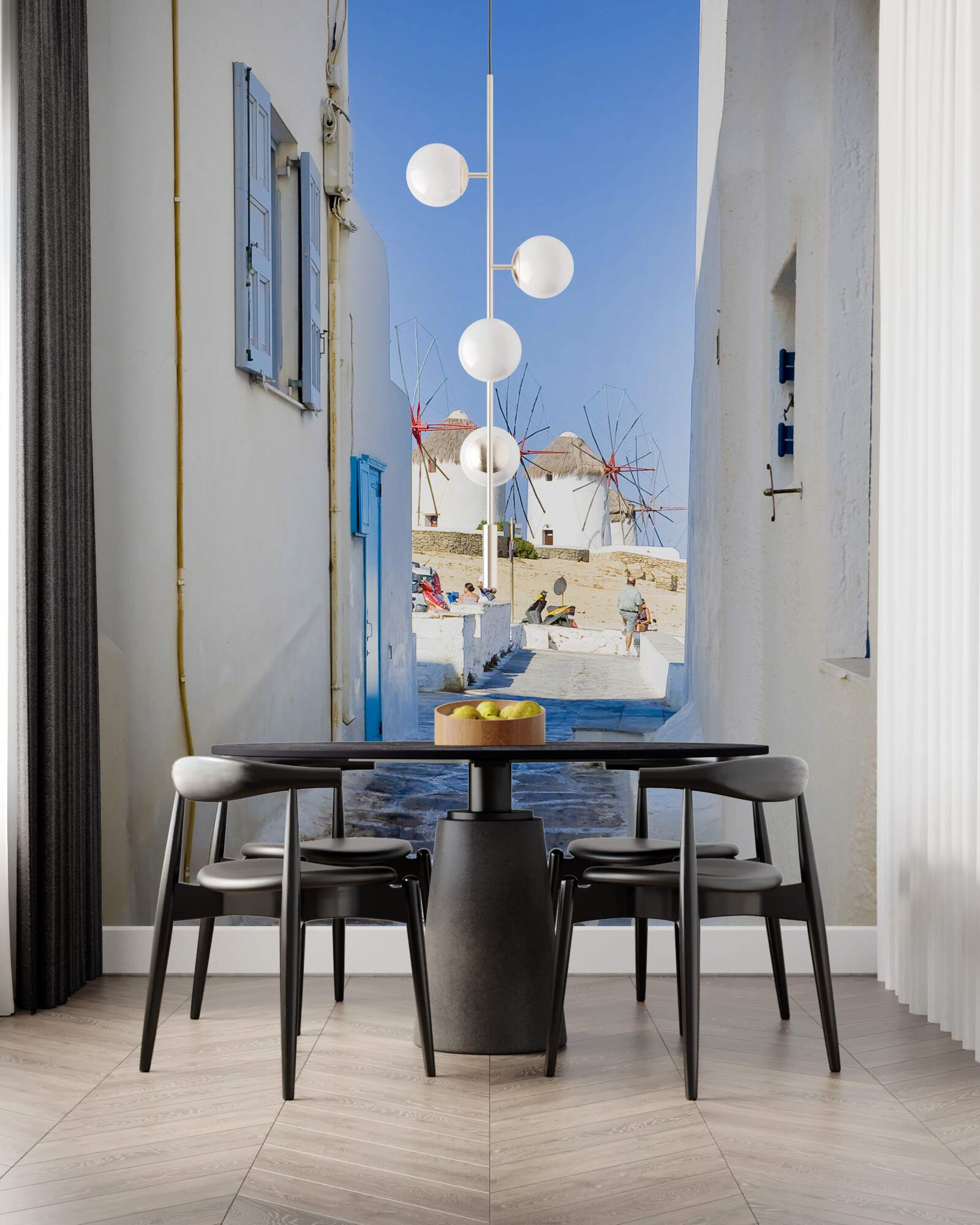 Fotobehang oude smalle straat met witte huizen