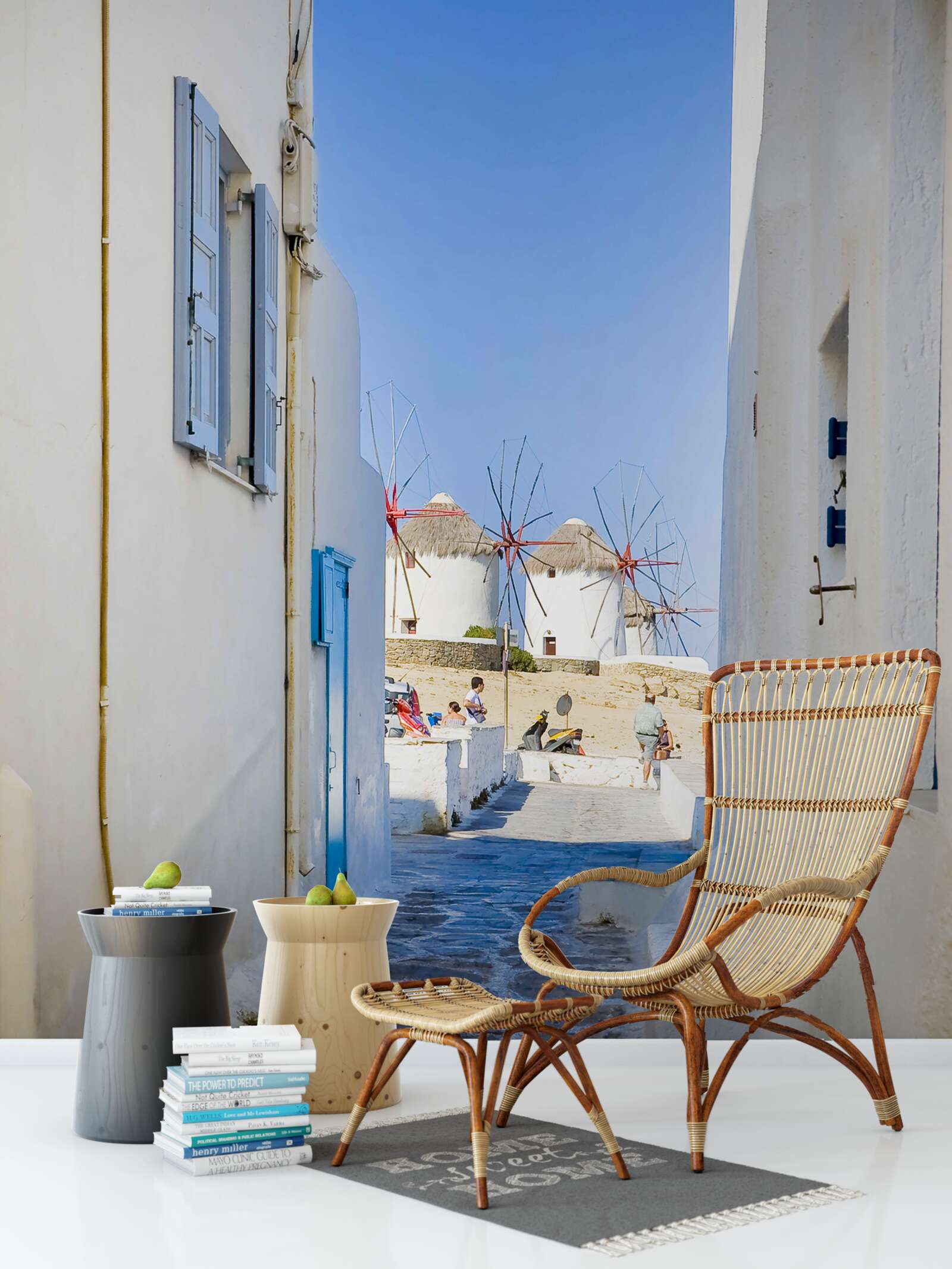 Fotobehang oude smalle straat met witte huizen