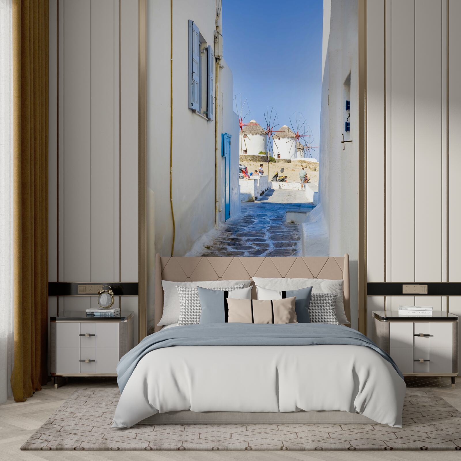 Fotobehang oude smalle straat met witte huizen