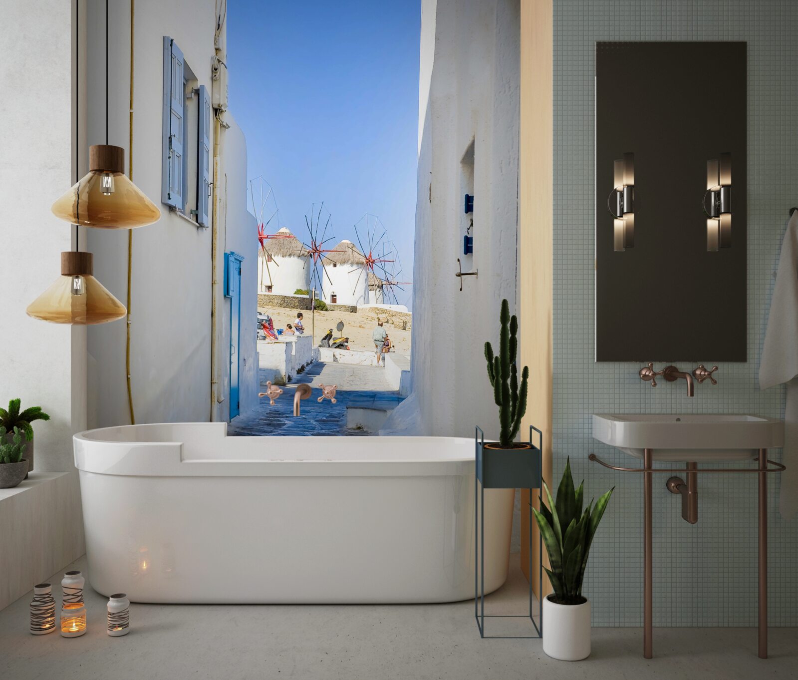 Fotobehang oude smalle straat met witte huizen