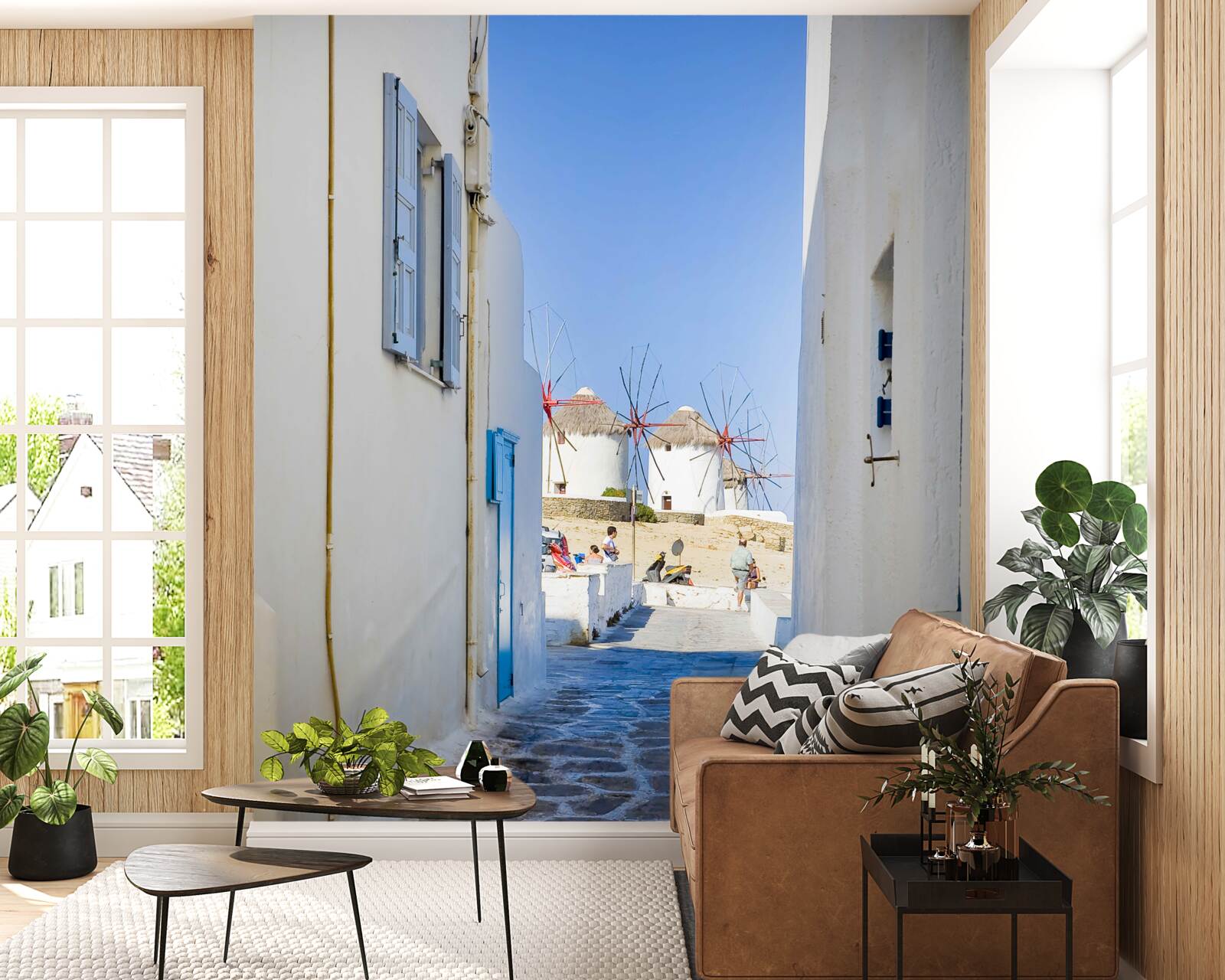 Fotobehang oude smalle straat met witte huizen