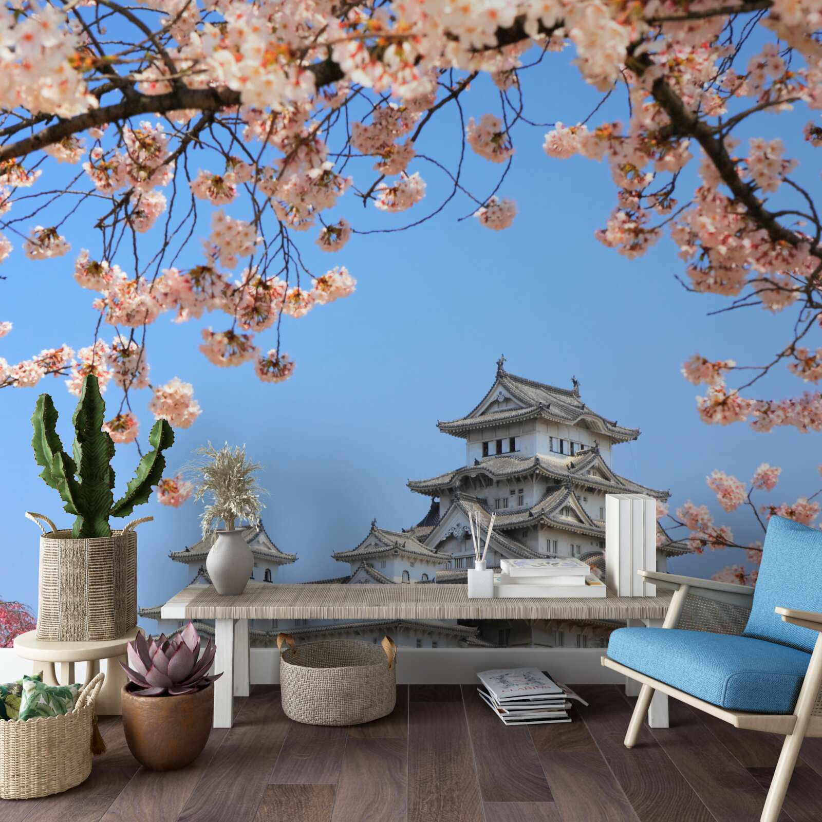 Fotobehang oude japanse tempel omringd door sakura