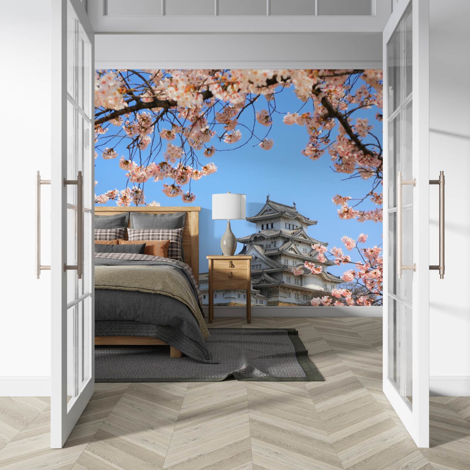 Fotobehang oude japanse tempel omringd door sakura