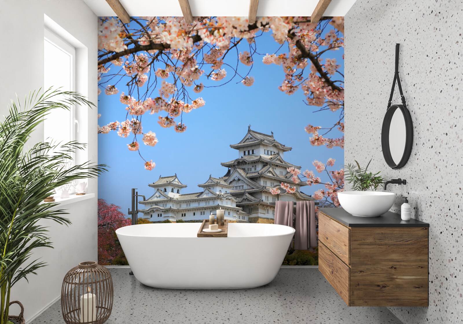 Fotobehang oude japanse tempel omringd door sakura