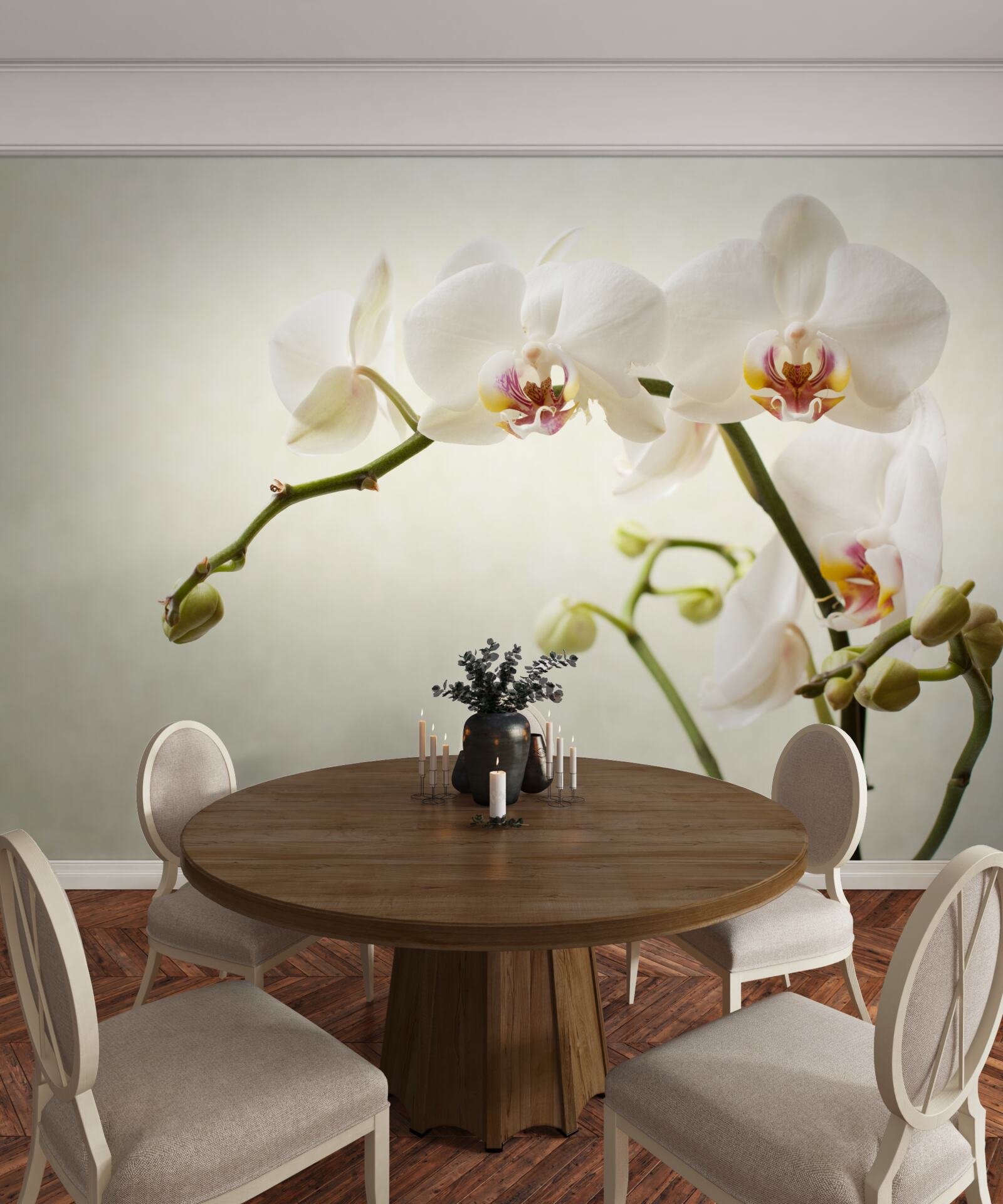 Fotobehang witte orchideeëntakken op lichte achtergrond