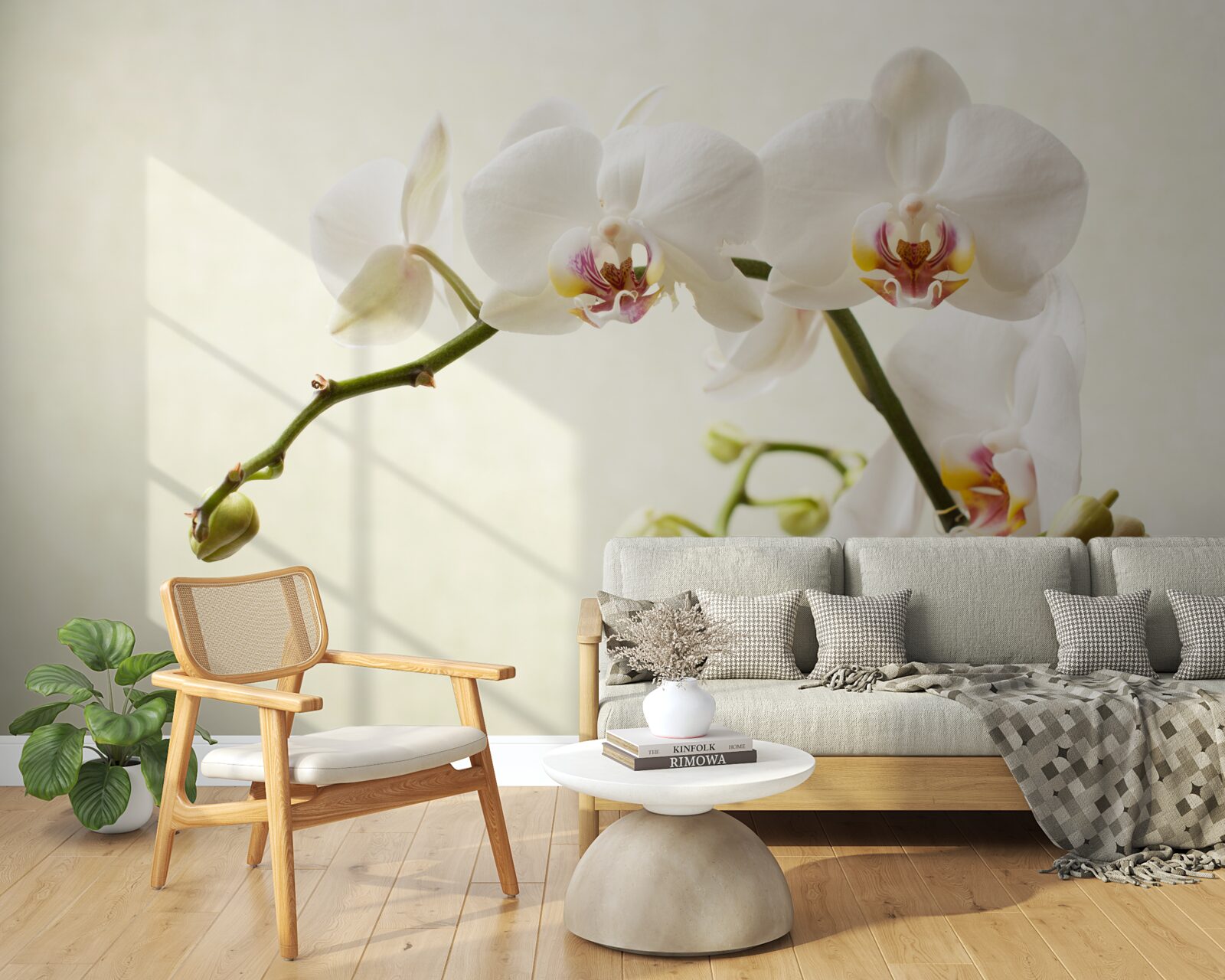 Fotobehang witte orchideeëntakken op lichte achtergrond