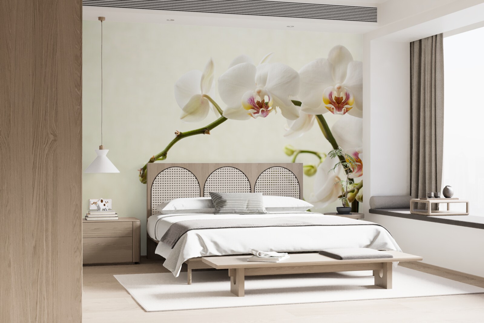 Fotobehang witte orchideeëntakken op lichte achtergrond