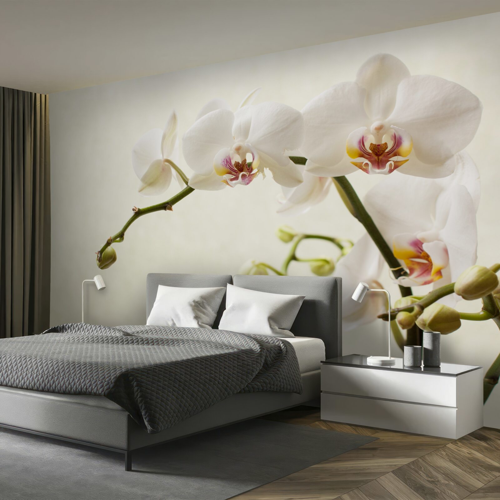 Fotobehang witte orchideeëntakken op lichte achtergrond