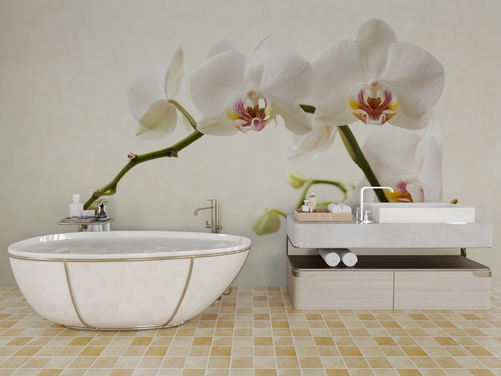 Fotobehang witte orchideeëntakken op lichte achtergrond