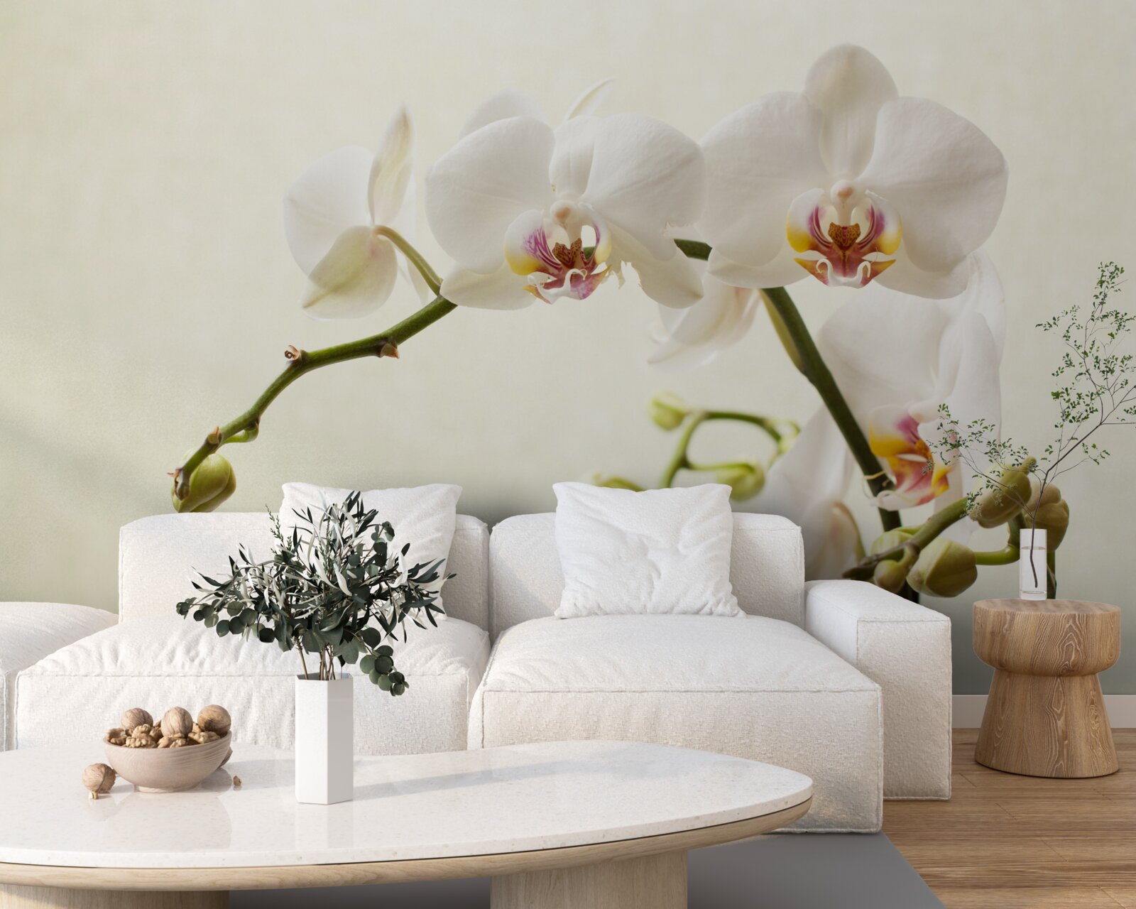 Fotobehang witte orchideeëntakken op lichte achtergrond