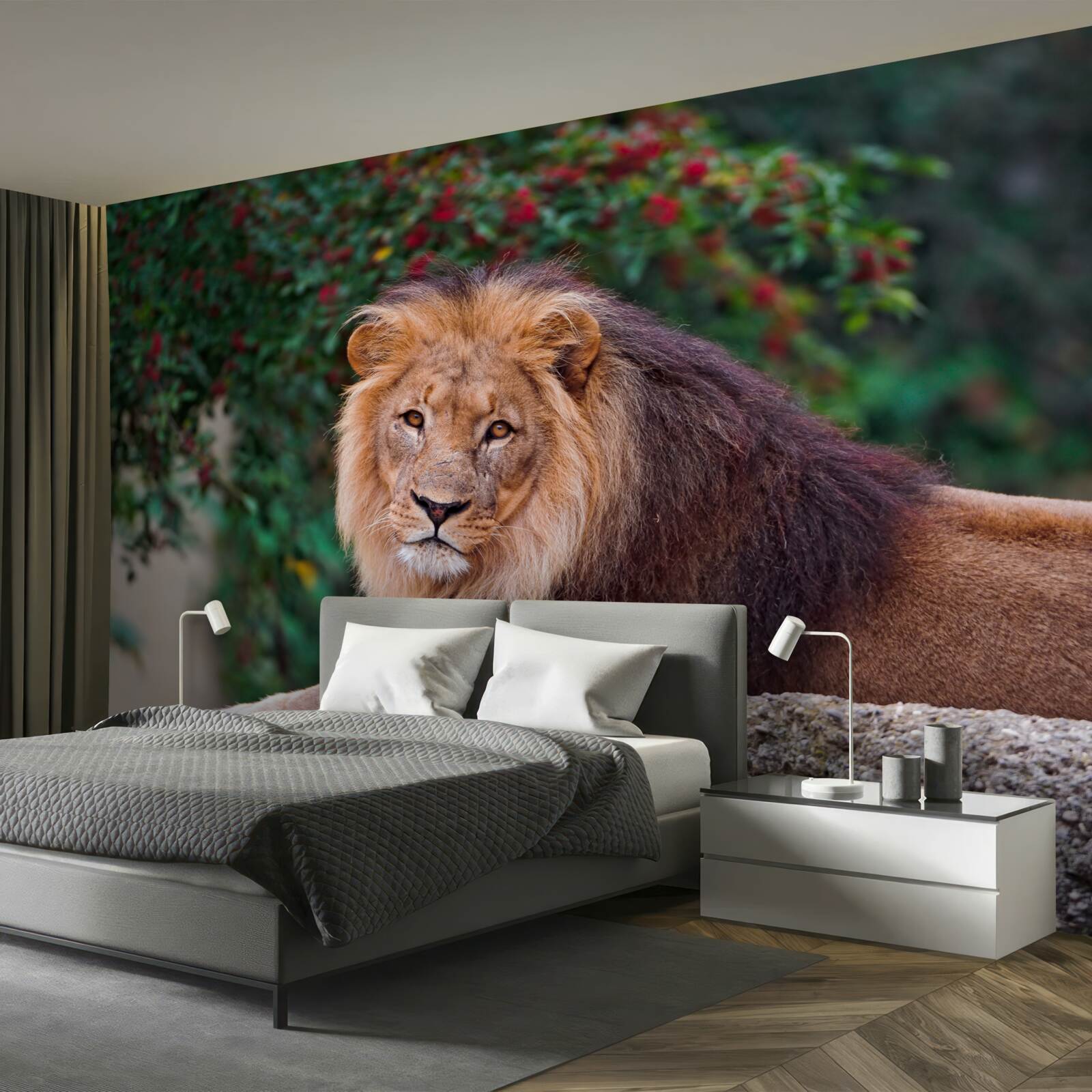 Fotobehang een volwassen leeuw zit op een rots en wacht op een leeuwin