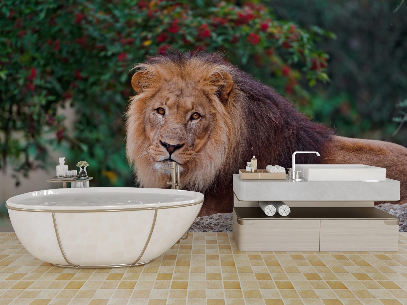 Fotobehang een volwassen leeuw zit op een rots en wacht op een leeuwin