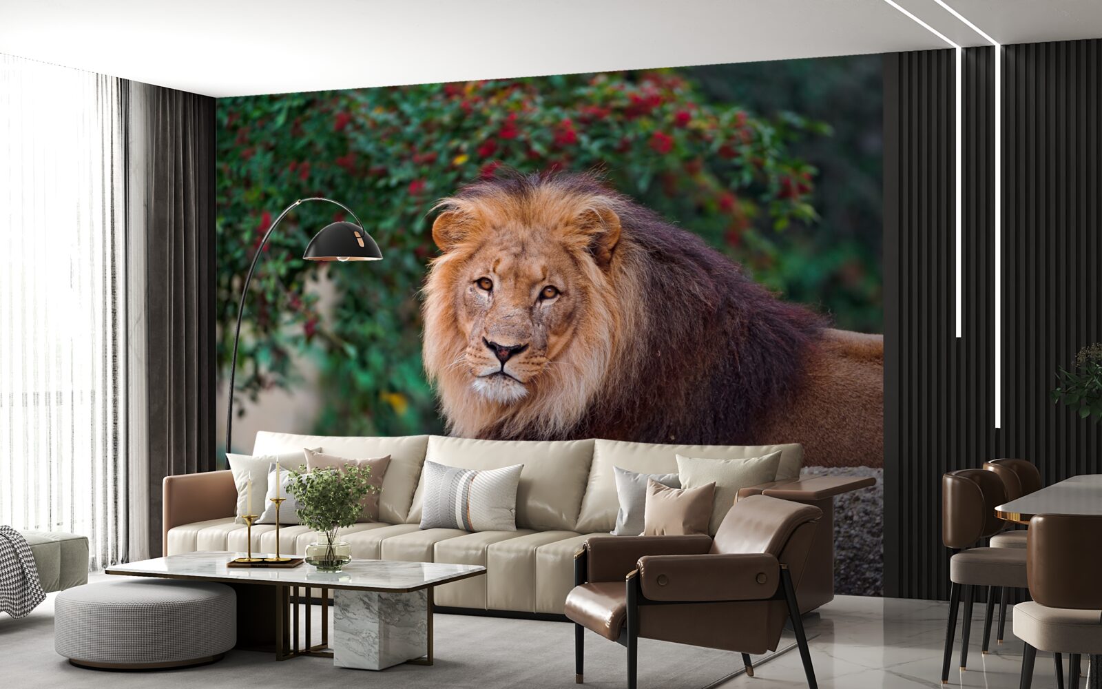 Fotobehang een volwassen leeuw zit op een rots en wacht op een leeuwin