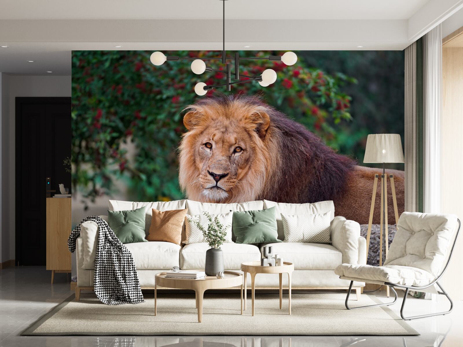 Fotobehang een volwassen leeuw zit op een rots en wacht op een leeuwin