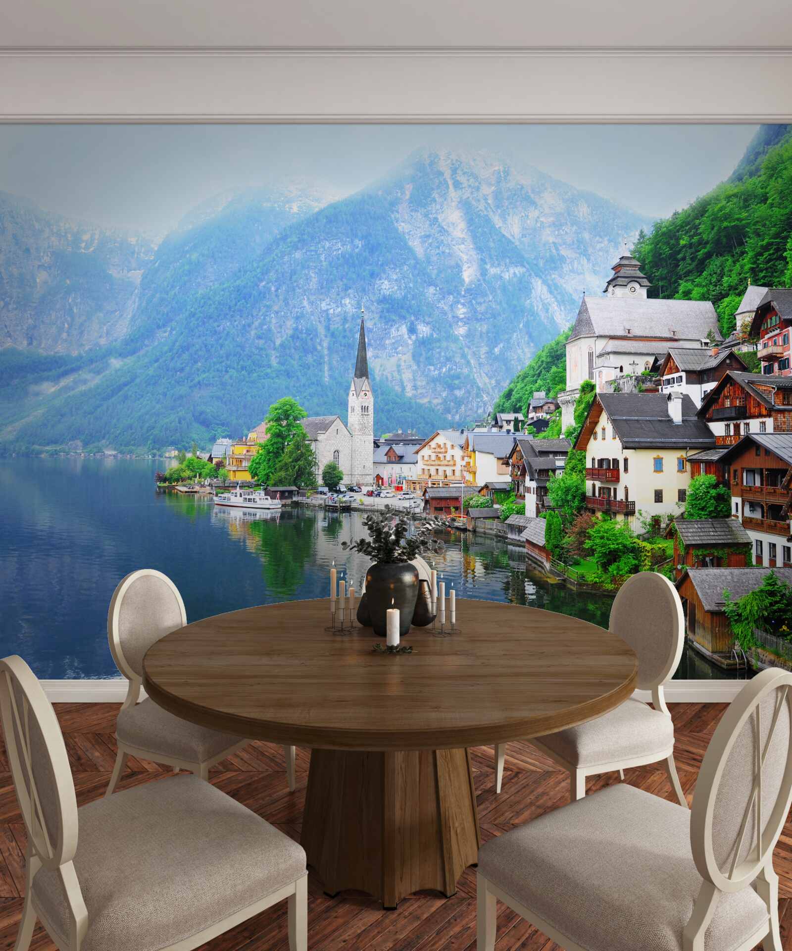 Fotobehang rustig Zwitsers dorpje aan de voet van de berg naast de vijver