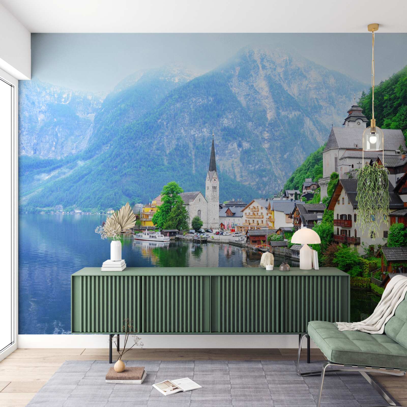 Fotobehang rustig Zwitsers dorpje aan de voet van de berg naast de vijver