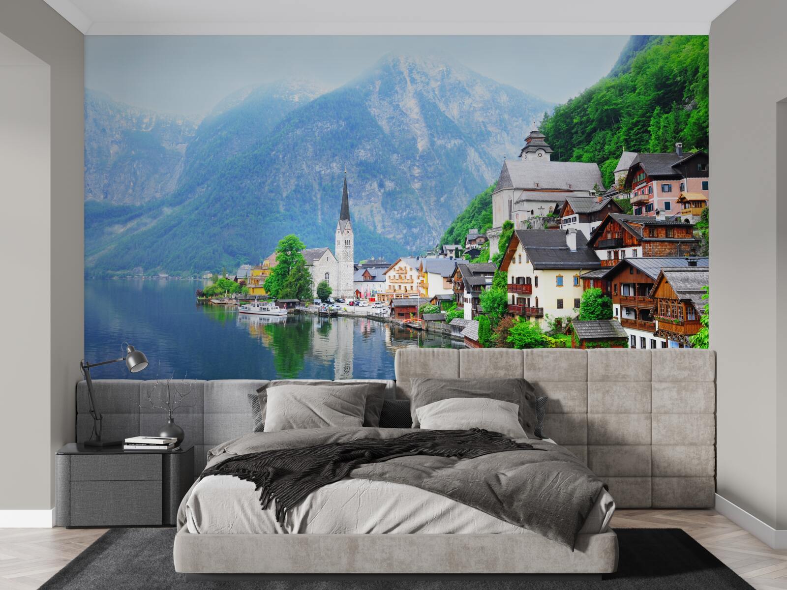 Fotobehang rustig Zwitsers dorpje aan de voet van de berg naast de vijver