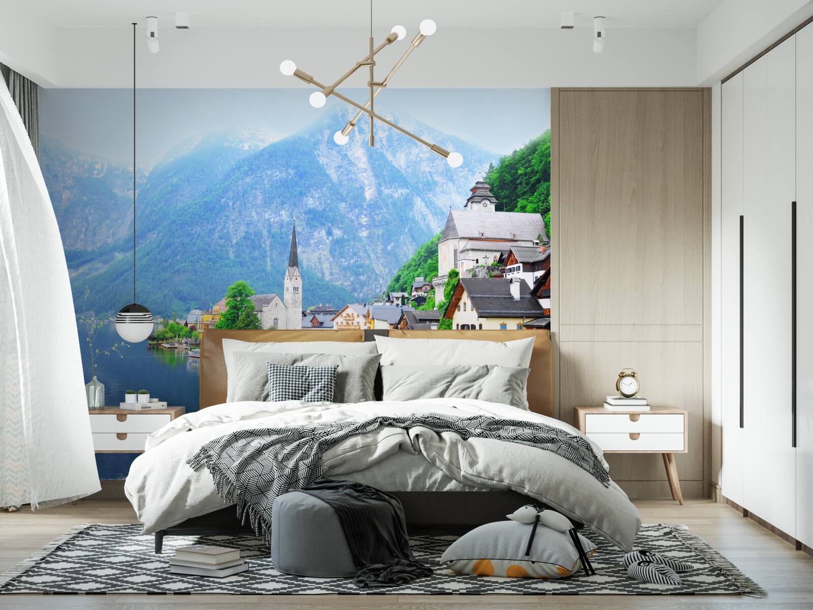 Fotobehang rustig Zwitsers dorpje aan de voet van de berg naast de vijver