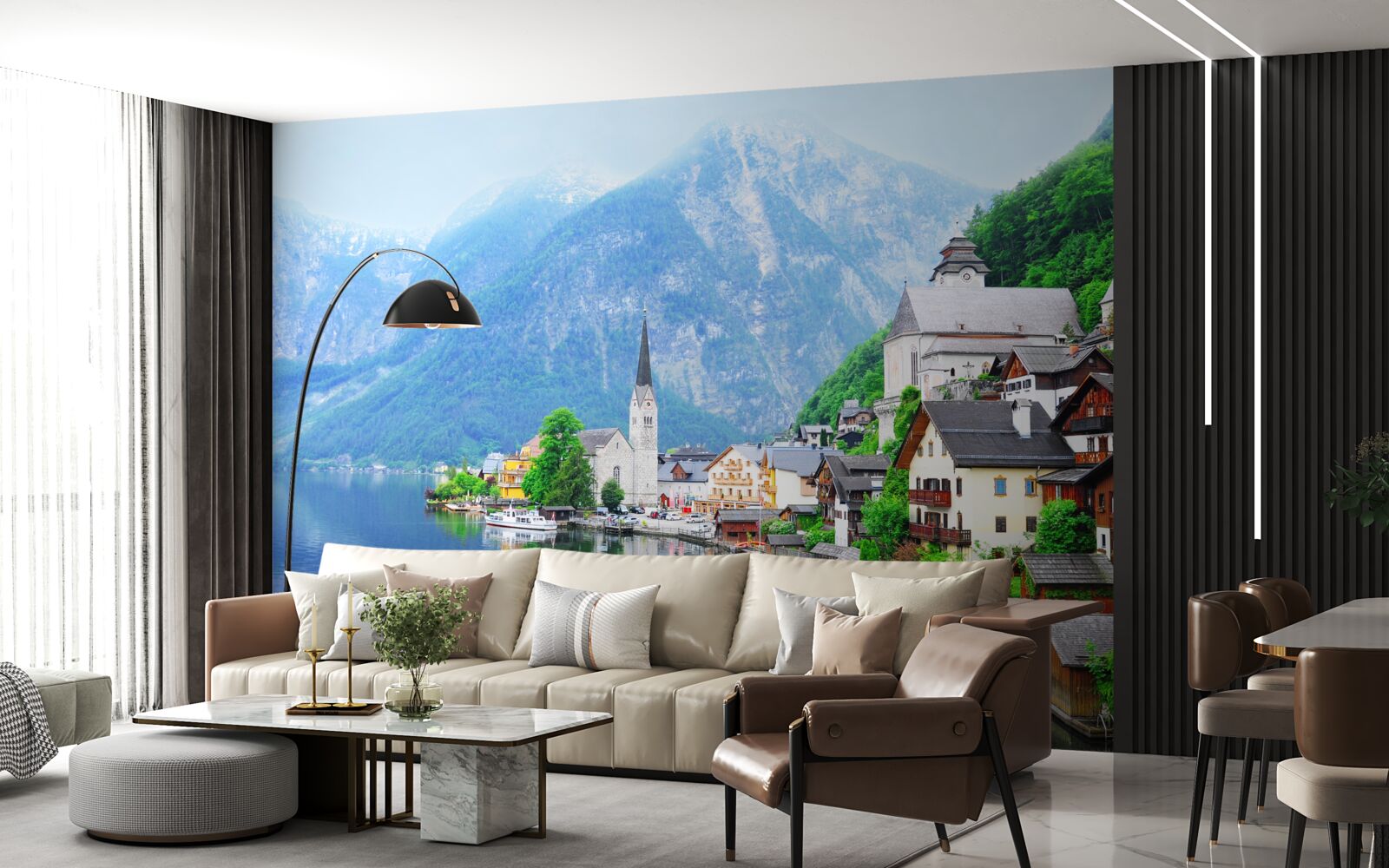 Fotobehang rustig Zwitsers dorpje aan de voet van de berg naast de vijver