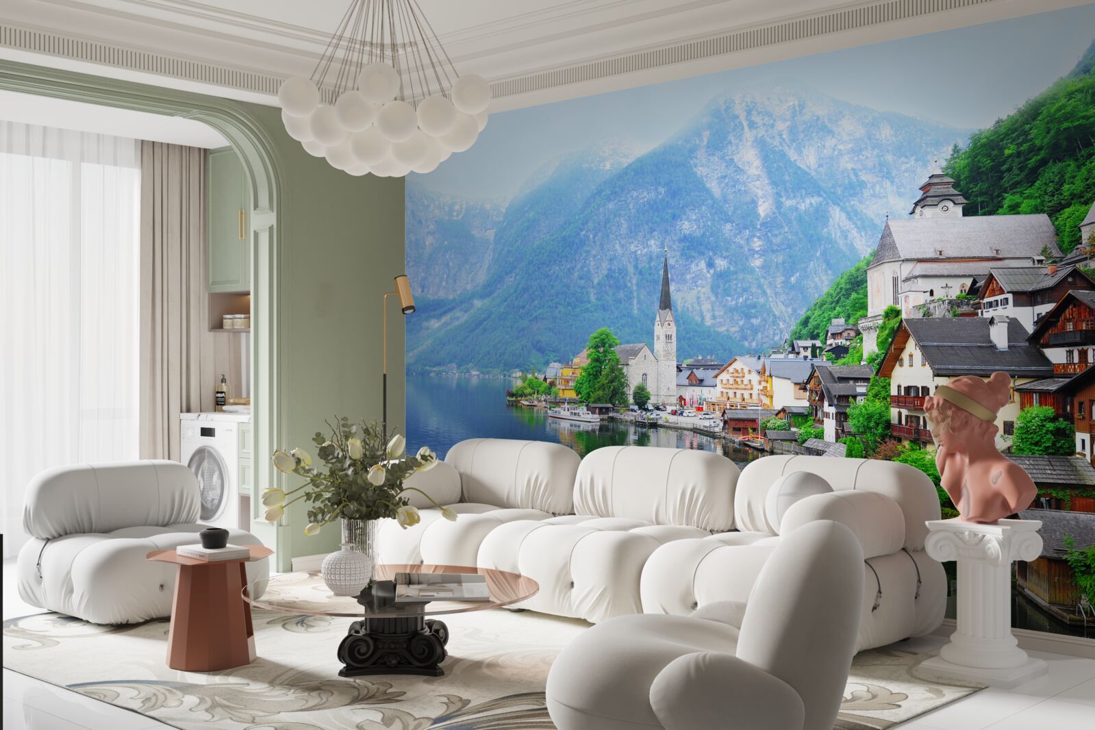 Fotobehang rustig Zwitsers dorpje aan de voet van de berg naast de vijver