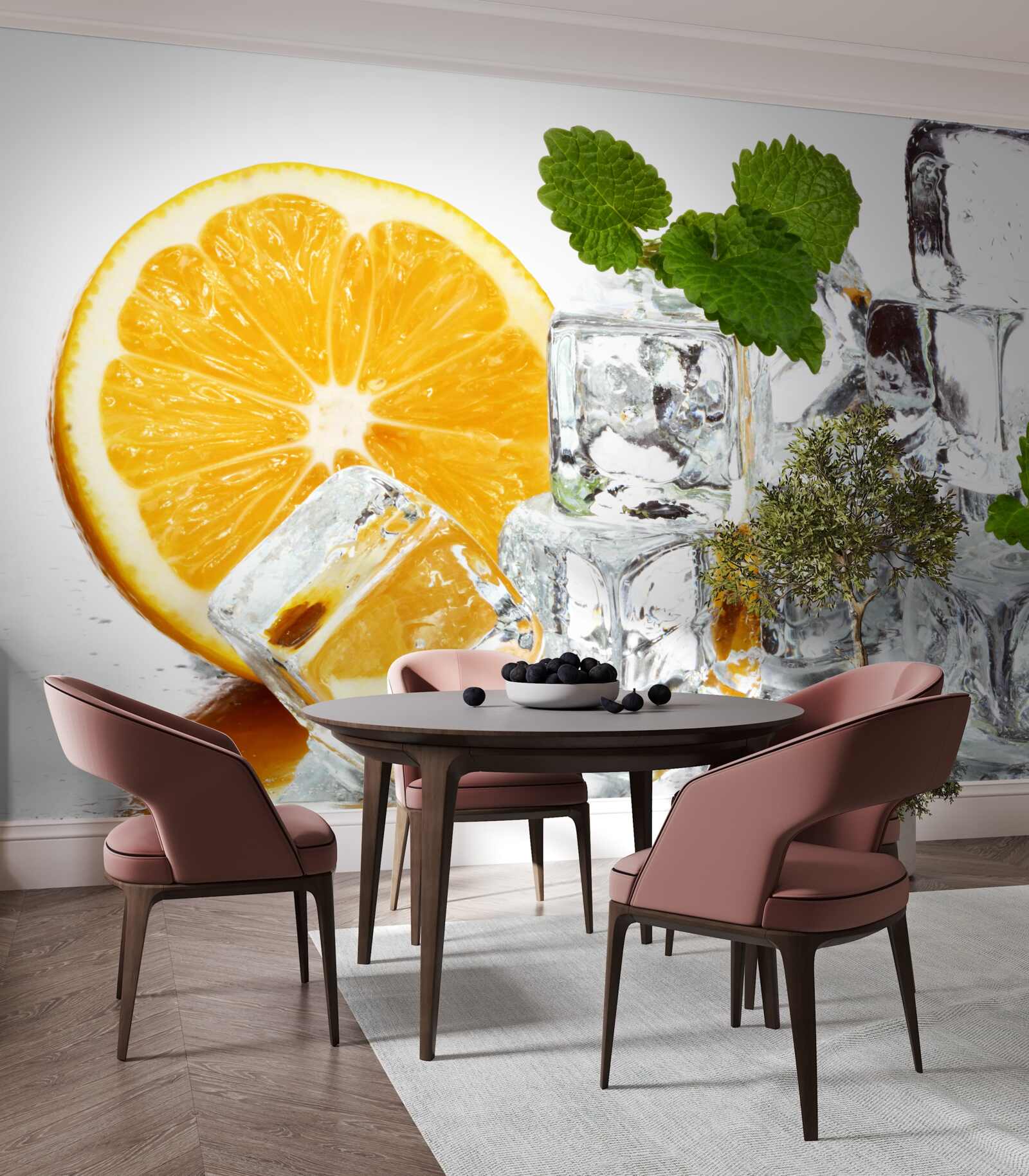 Fotobehang ijs in de vorm van rechthoeken en een rijpe sinaasappel