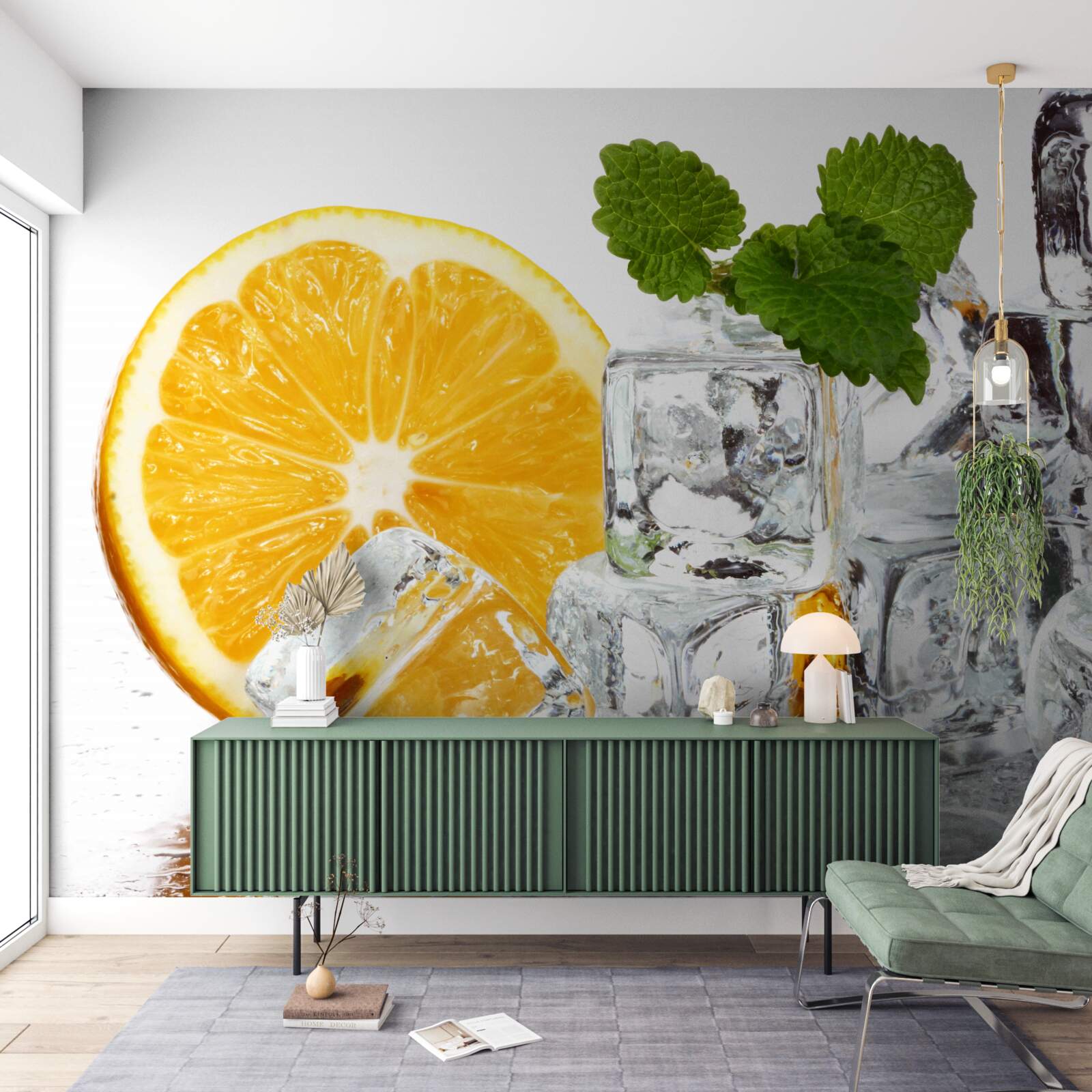 Fotobehang ijs in de vorm van rechthoeken en een rijpe sinaasappel