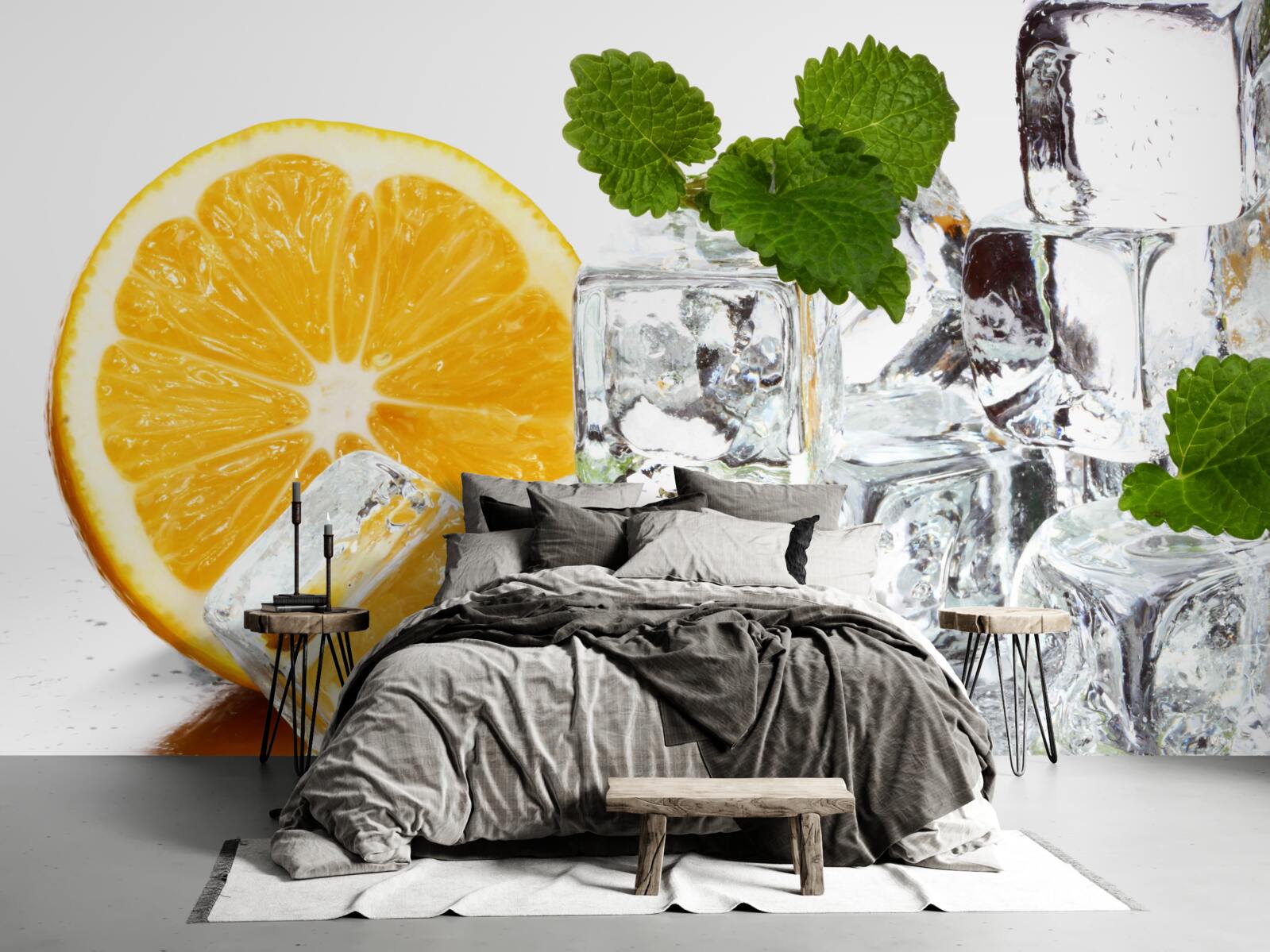 Fotobehang ijs in de vorm van rechthoeken en een rijpe sinaasappel