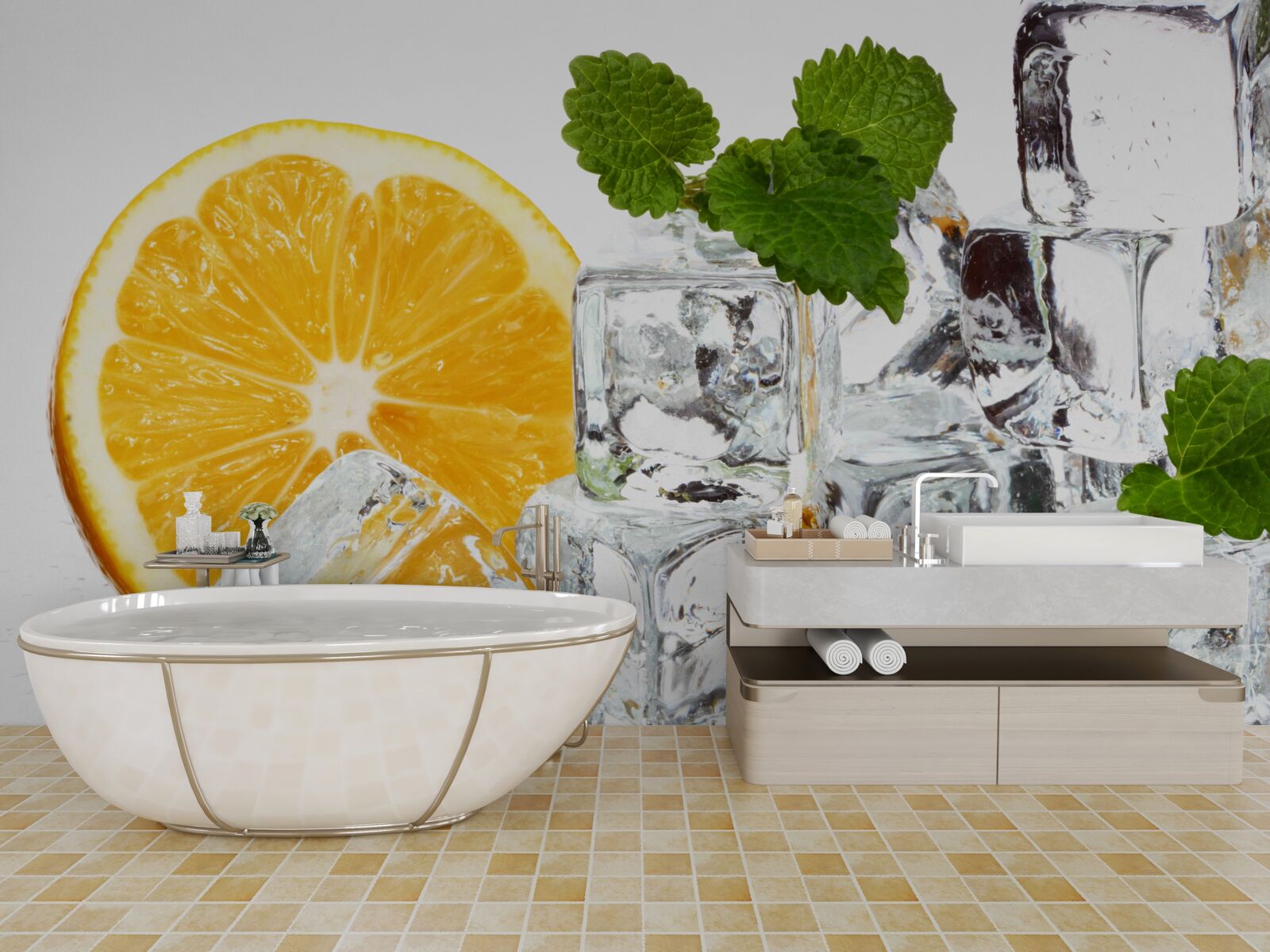 Fotobehang ijs in de vorm van rechthoeken en een rijpe sinaasappel