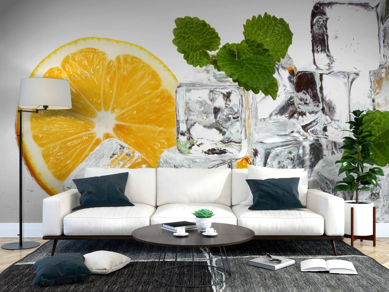 Fotobehang ijs in de vorm van rechthoeken en een rijpe sinaasappel