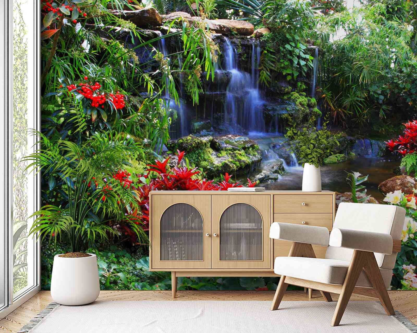 Fotobehang een magische plek bij een waterval, omringd door bloemen